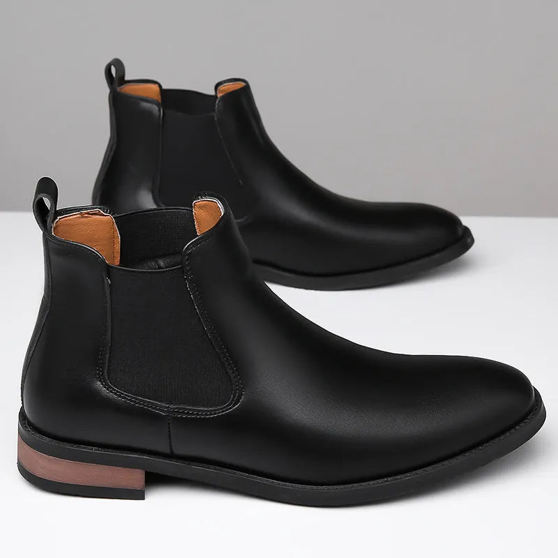 Men's black Chelsea high-top boots with pointed toe, artificial PU upper, and rubber sole