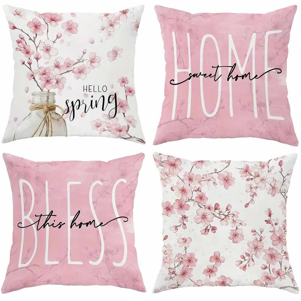 Square short velvet cushion cover with cherry blossom and letter print, 45cm size.