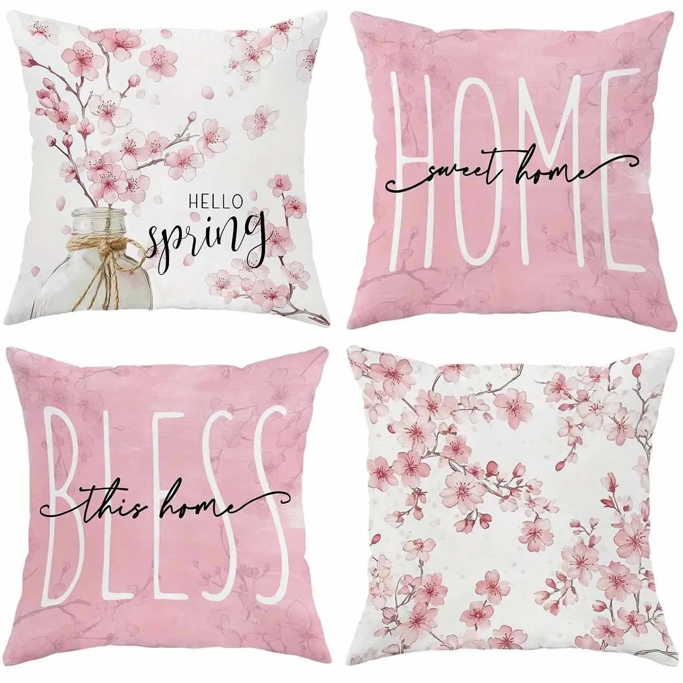 Square short velvet cushion cover with cherry blossom and letter print, 45cm size.
