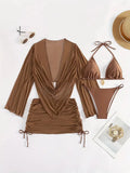 Dark brown women's lace-up bikini set with backless design on a mannequin