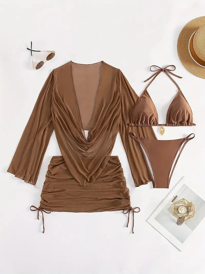 Dark brown women's lace-up bikini set with backless design on a mannequin