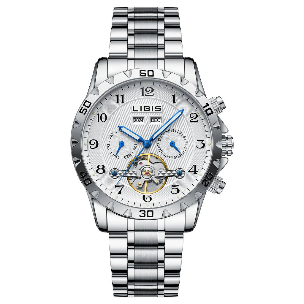 Men's silver automatic perpetual calendar watch with stainless steel strap and sapphire crystal glass