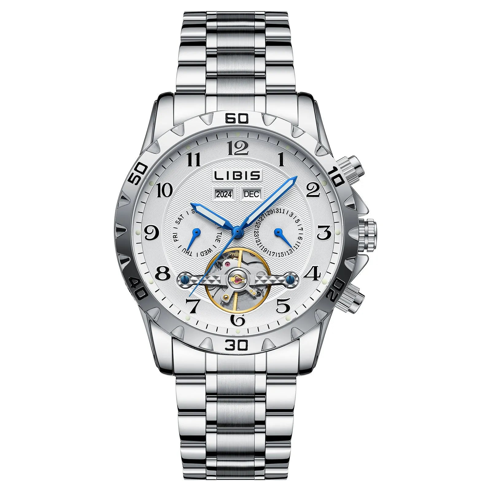 Men's silver automatic perpetual calendar watch with stainless steel strap and sapphire crystal glass