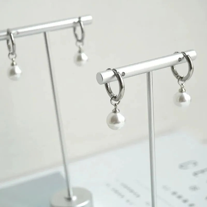 Geometric alloy earrings with pearl accents and titanium steel components for women