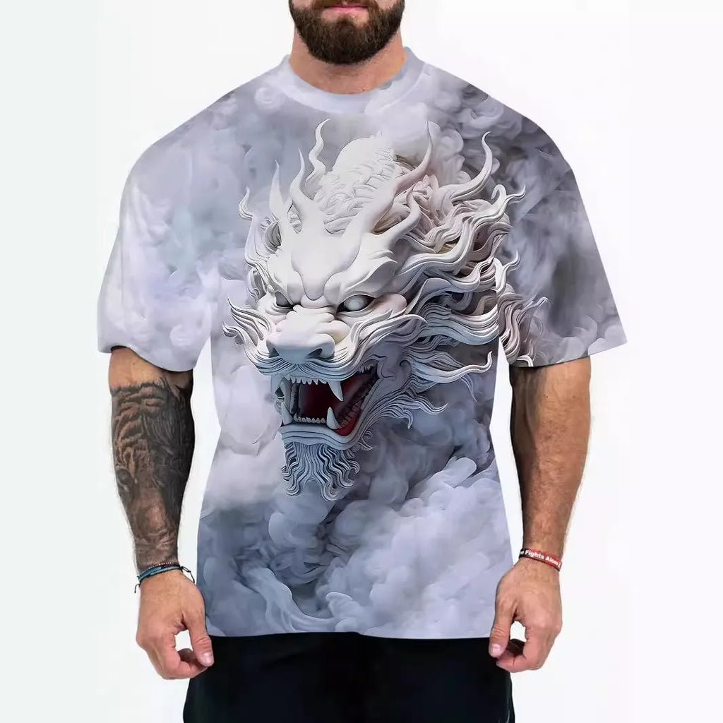 Loose fit men's casual T-shirt with short sleeves in thin fabric, showing printed design options.