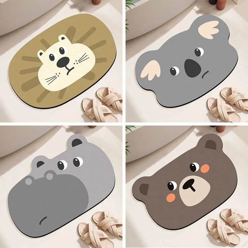 Diatomaceous earth bathroom mat with animal cartoon design in shower setting
