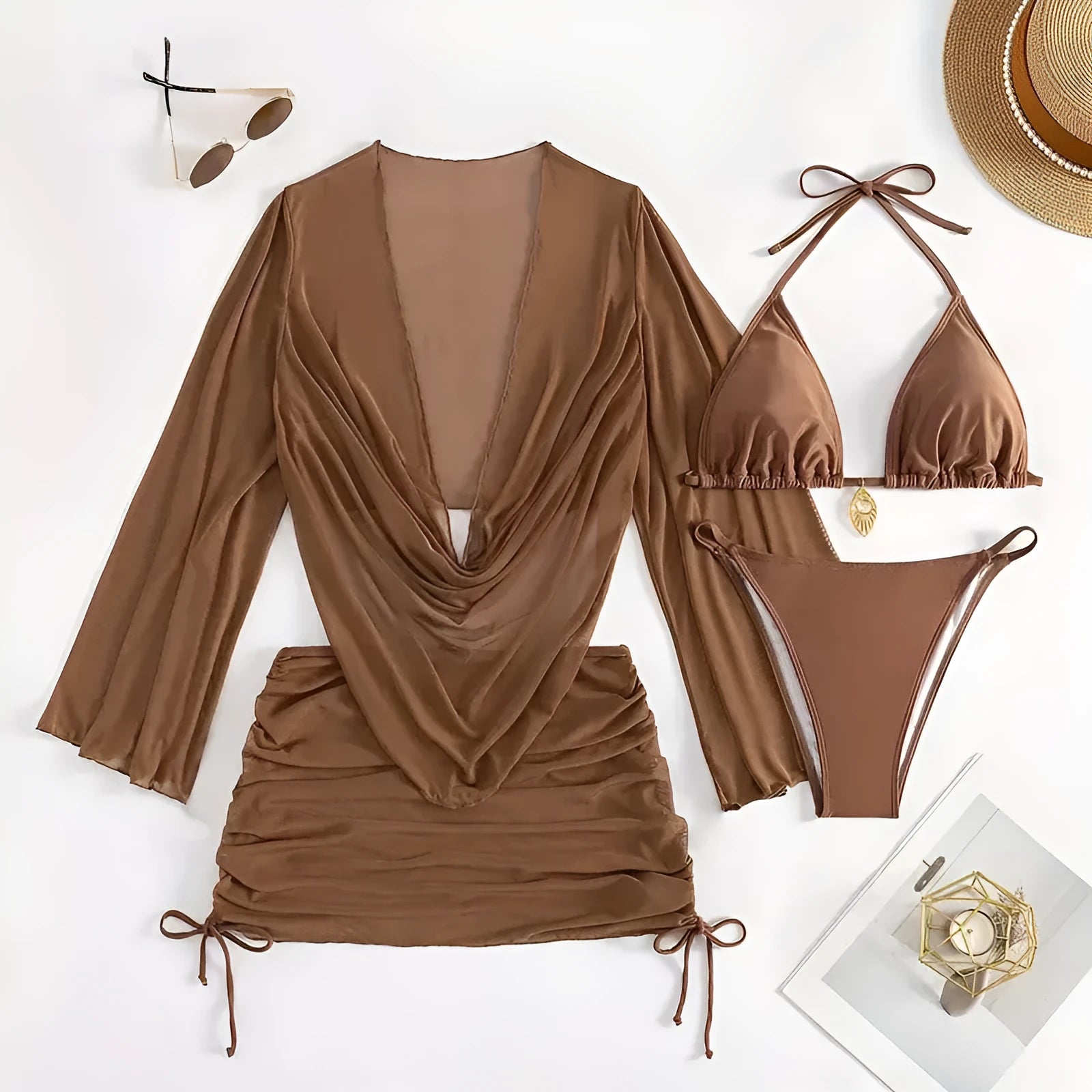 Dark brown women's lace-up bikini set with backless design on a mannequin