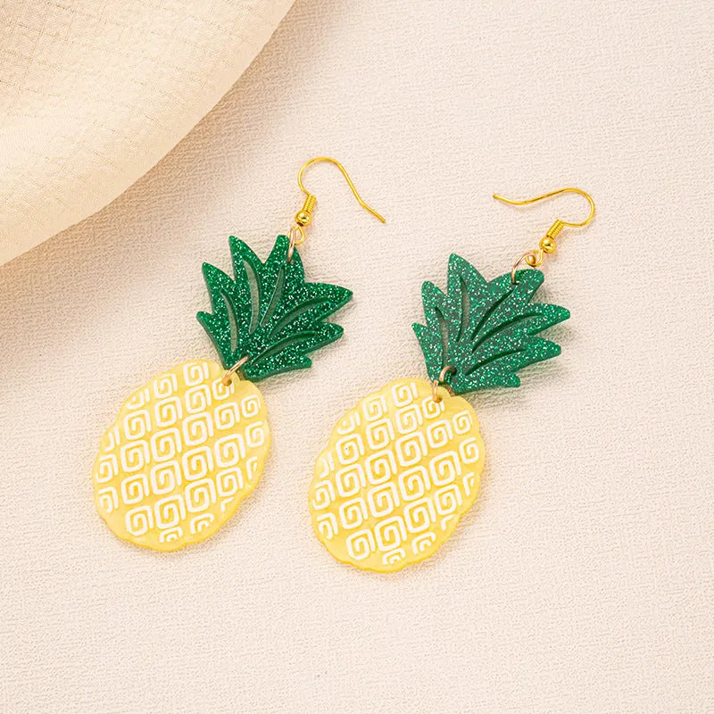 Acrylic drop-shaped earrings with coconut and Artocarpus heterophyllus summer botanical designs in five colour styles
