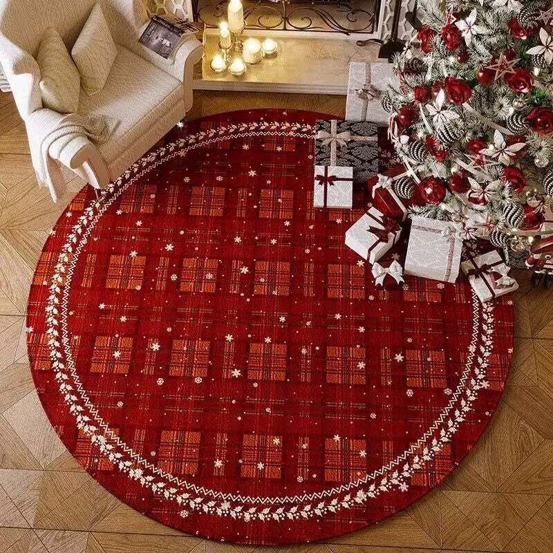 Red Christmas round floor mat with festive pattern in living room setting