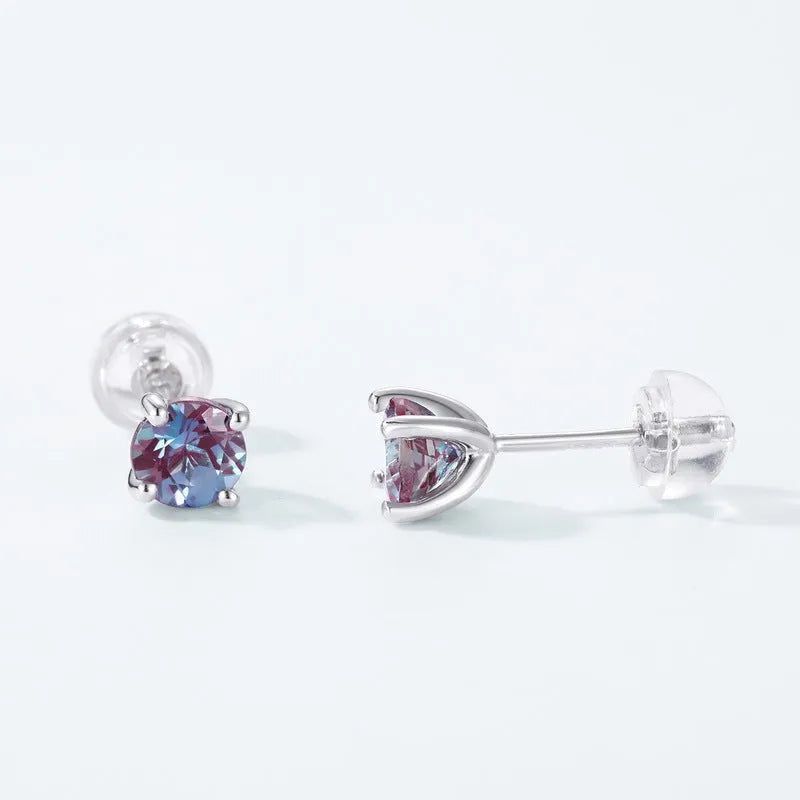 925 silver ear studs with round cultivated alexandrite stone in geometric setting