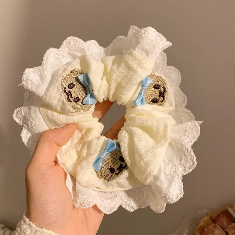 Bear blue bowknot lace large intestine hair ring made from high elasticity cloth material