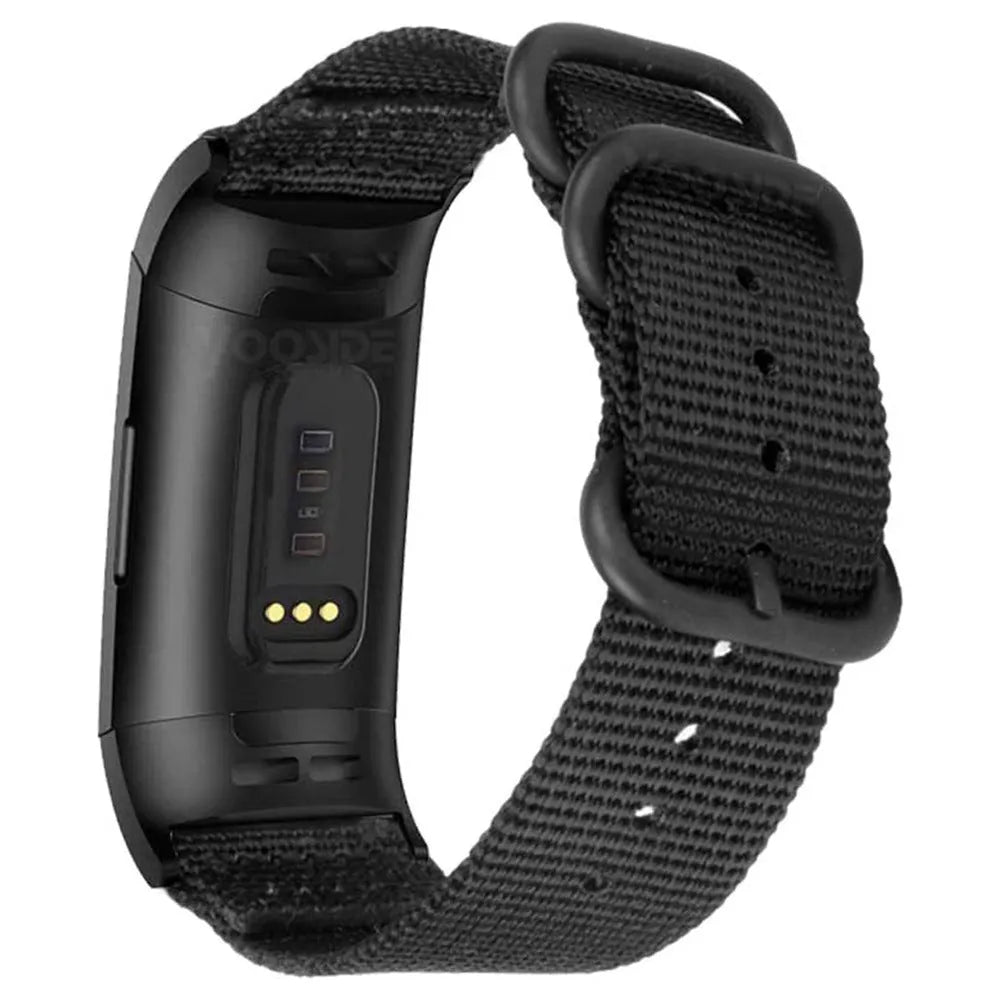 Nylon three-ring buckle replacement strap for Fitbit Charge fitness trackers in multiple colours.