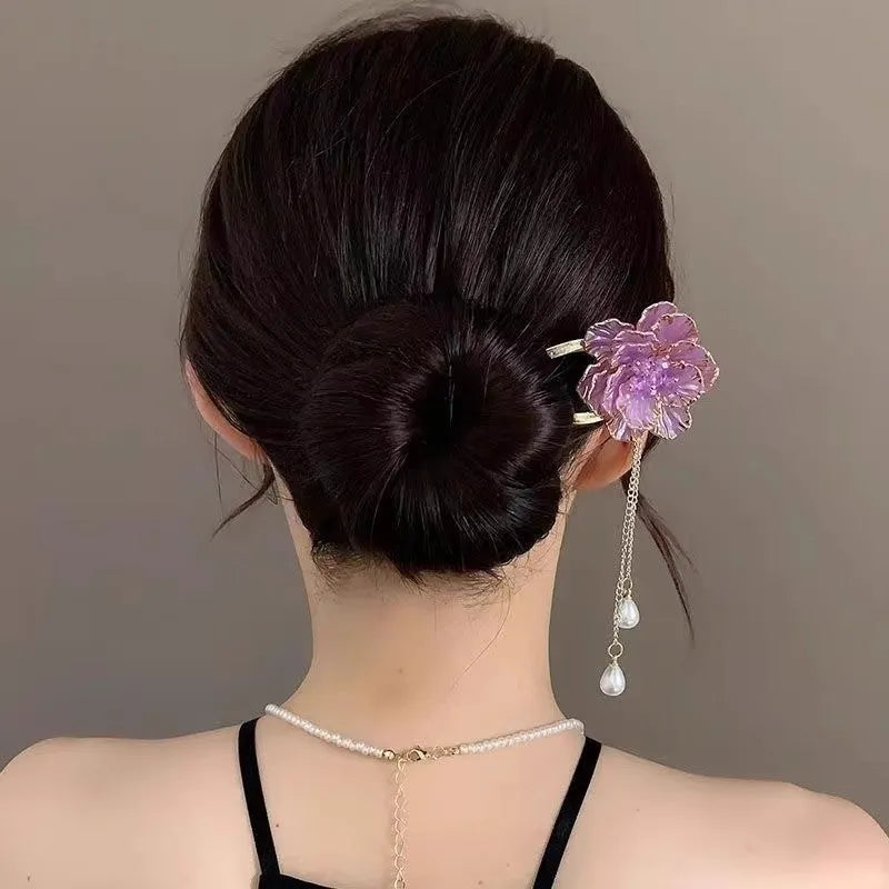 Purple and white alloy U-shaped hairpin with detailed peony flower and tassel decoration