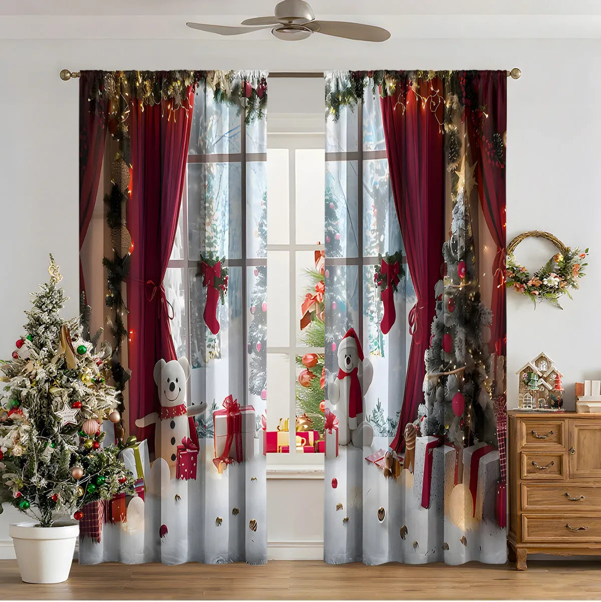 3D digitally printed Christmas curtain panel showing a modern European festive design, made from polyester fabric.