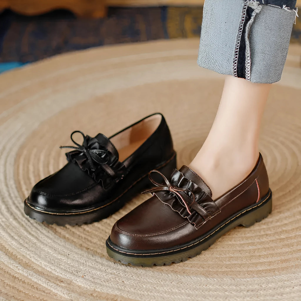British style women's leather shoes with round toe and chunky flat heel in black or brown