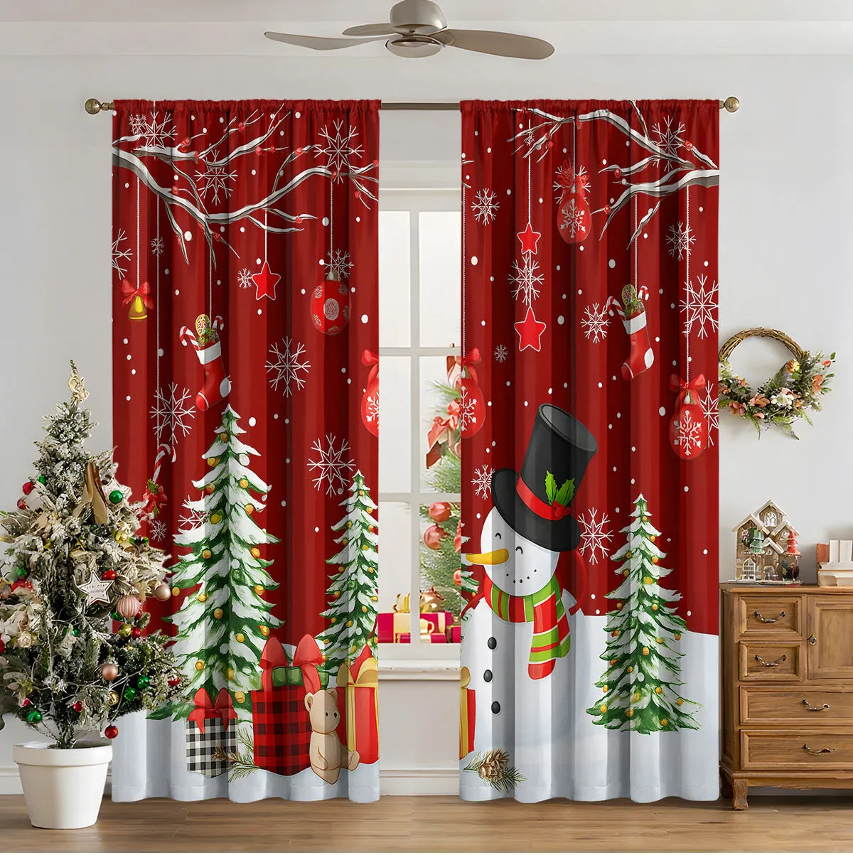3D digitally printed Christmas curtain panel showing a modern European festive design, made from polyester fabric.