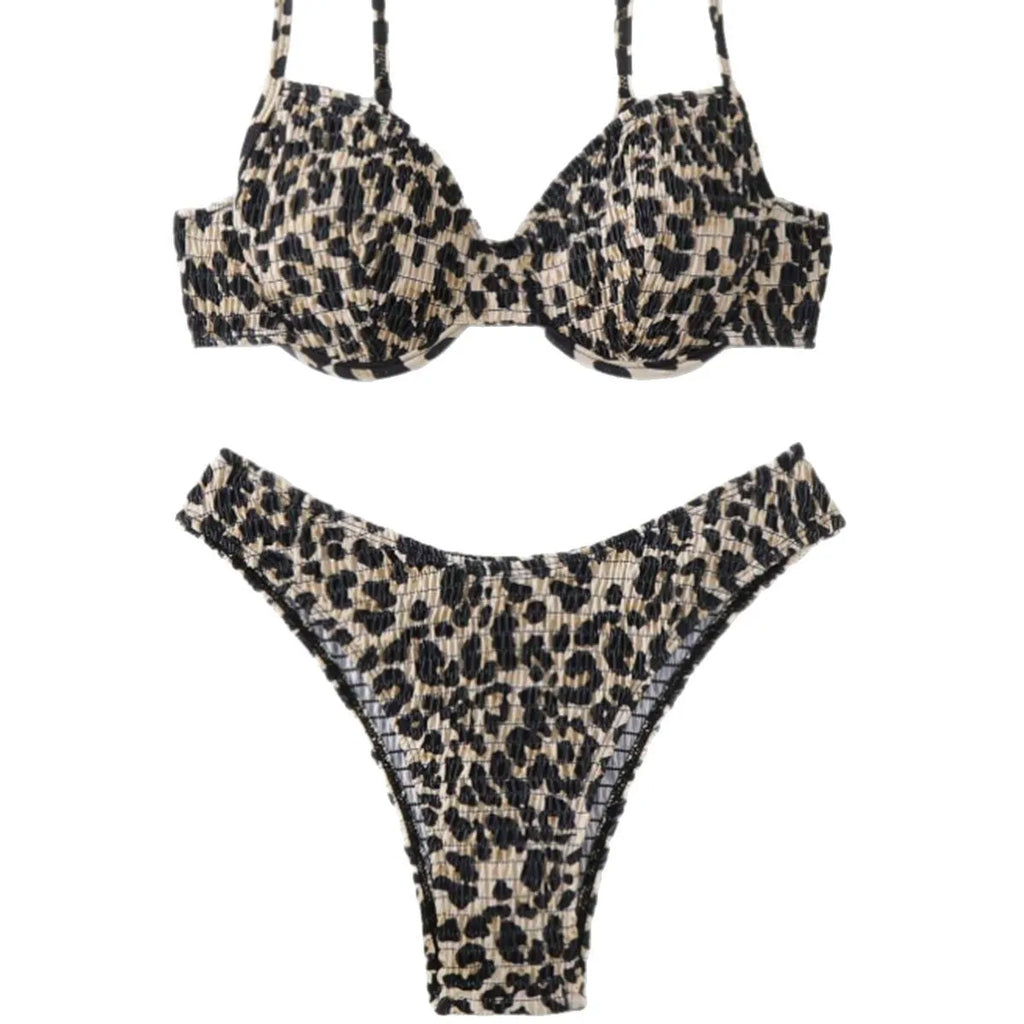 Leopard print backless bikini swimsuit for women in brown mixed colour