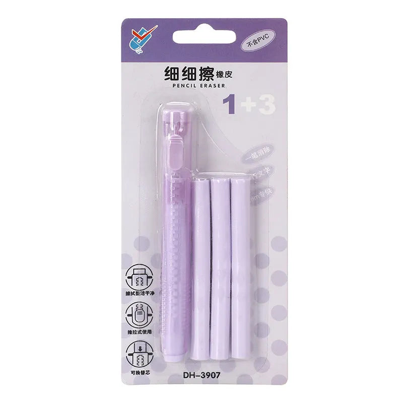 Push type automatic eraser for children's learning in blue, green, pink, and purple colours