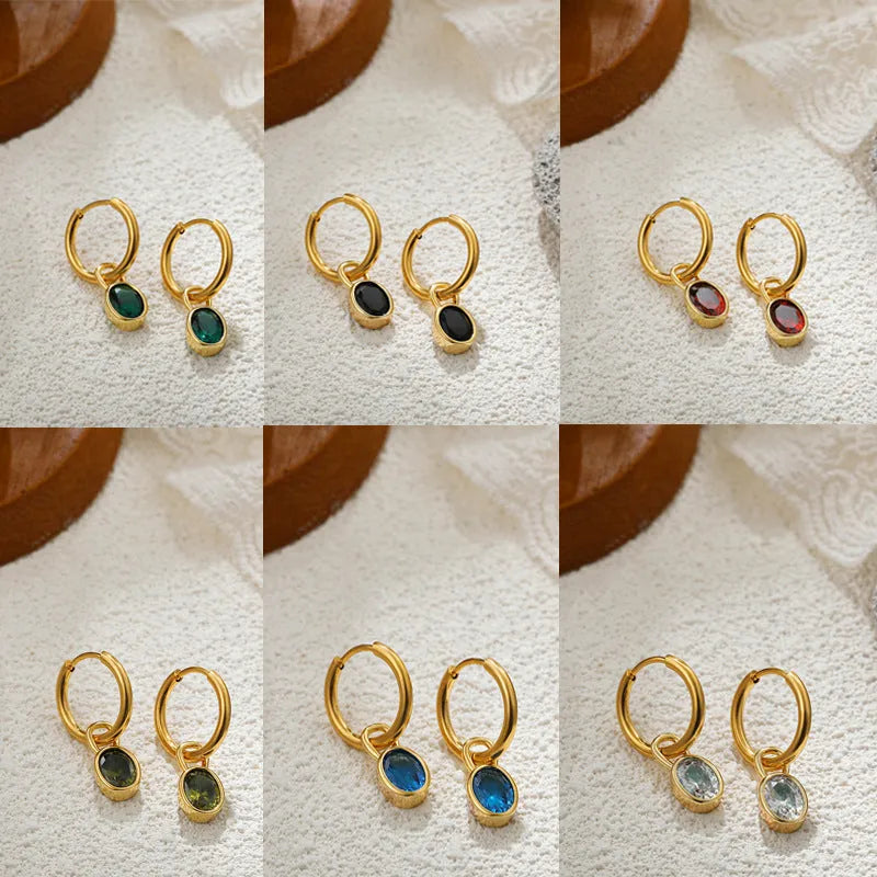 Women's retro simple oval zircon earrings in copper with six colour options displayed