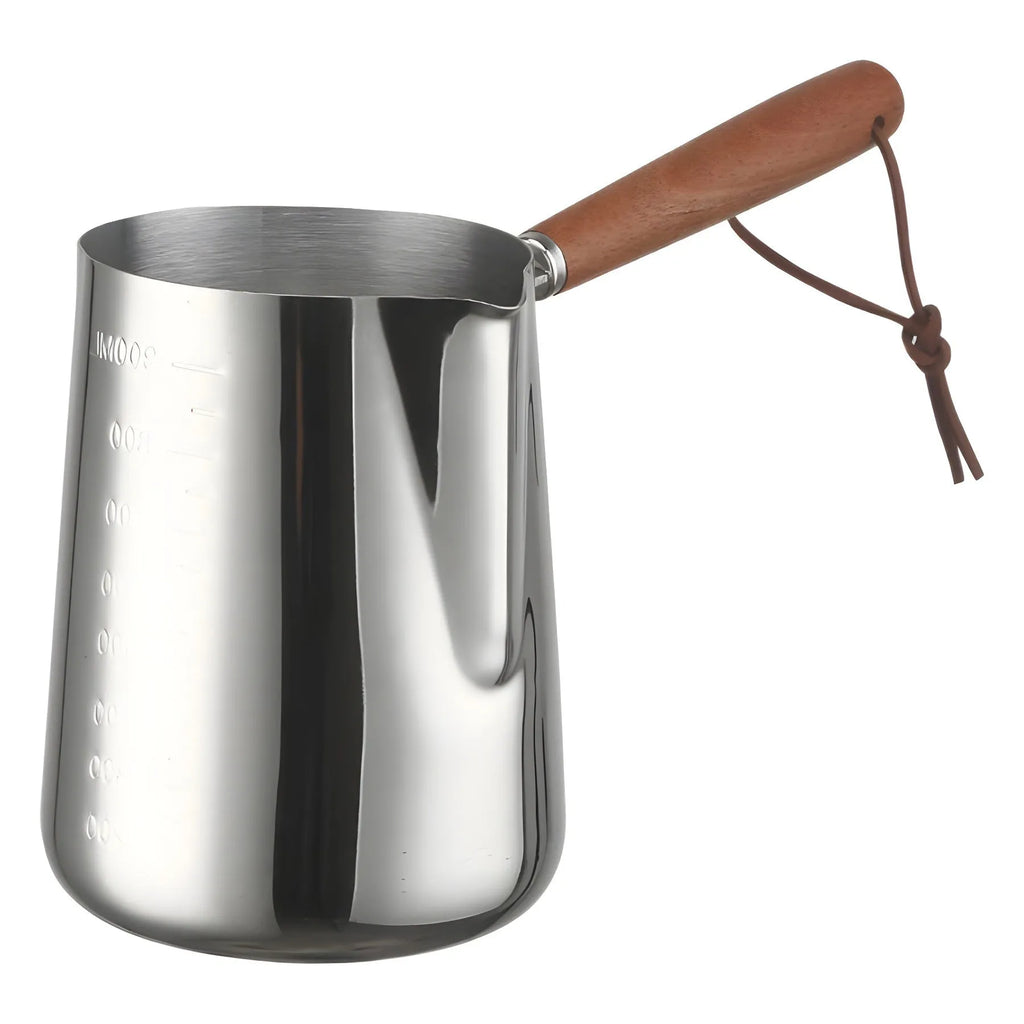 Stainless steel garland coffee cup with a scaled wooden handle shown in a simple solid colour.
