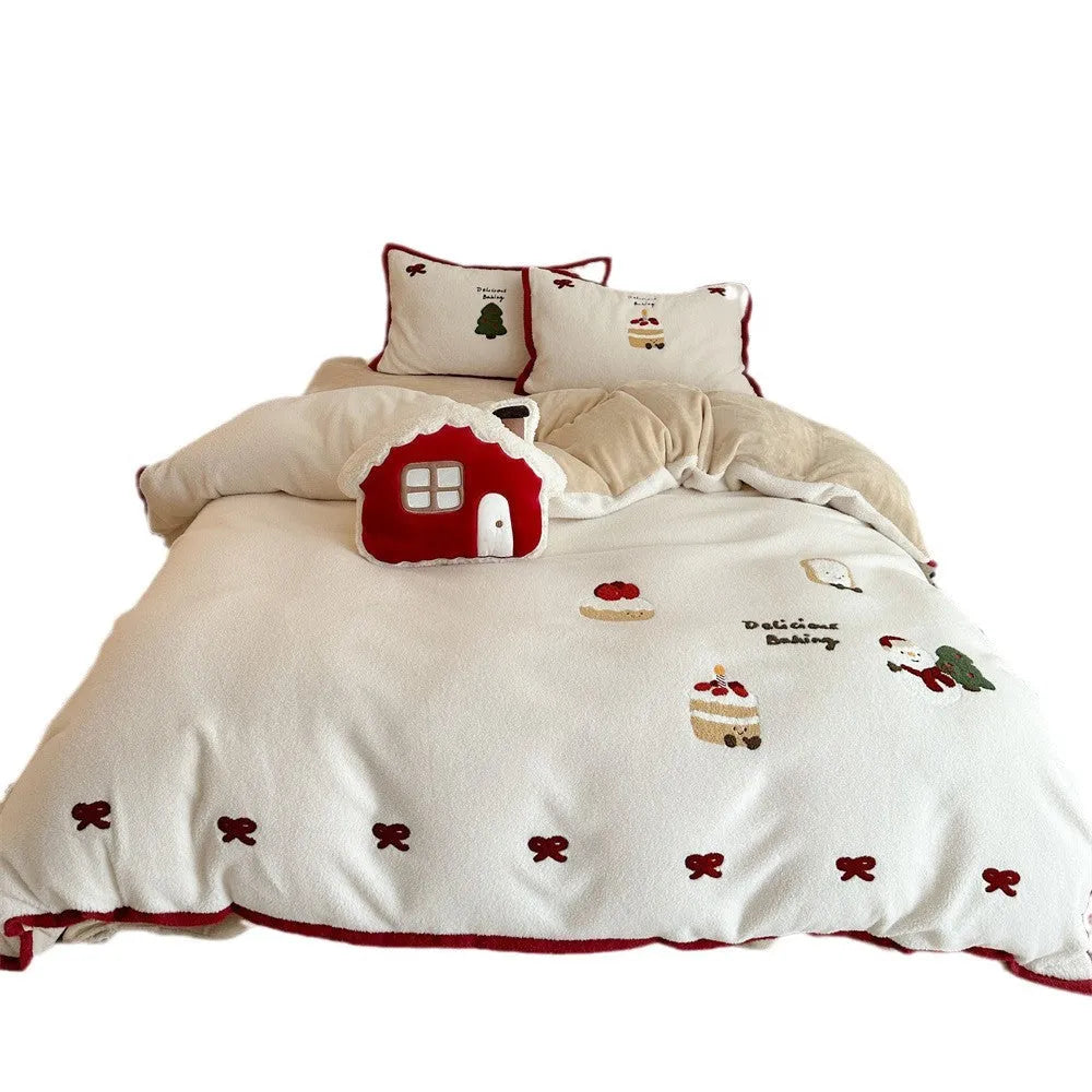 Cartoon winter Christmas themed polyester bedding four-piece set showing bed sheet, duvet cover, and pillowcases