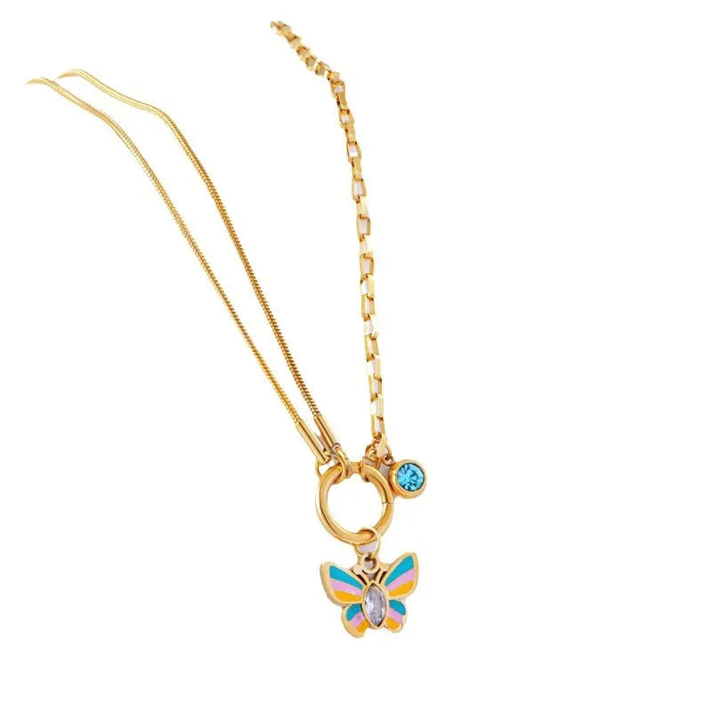 Gold titanium steel butterfly necklace and bracelet set with snake bones chain