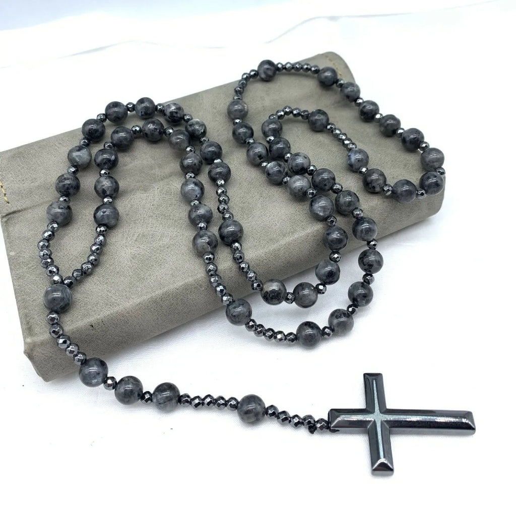 Men's stone cross pendant necklace on an 80cm ball bead chain with safety lock clasp