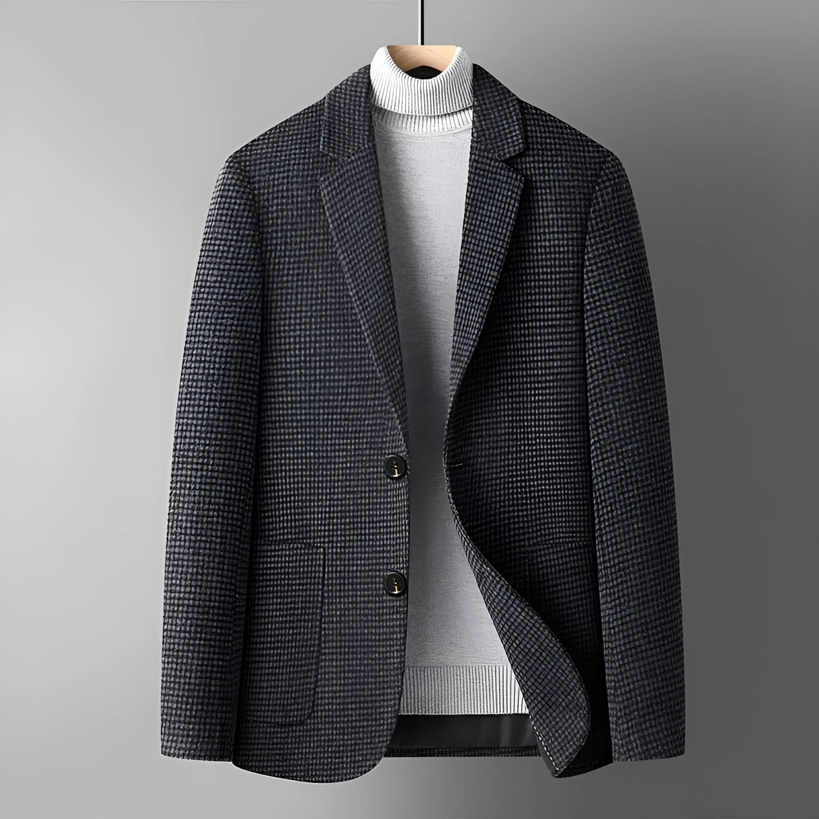 Men's slim fit wool blazer in a classic colour on a hanger, showing notch lapel and button front.