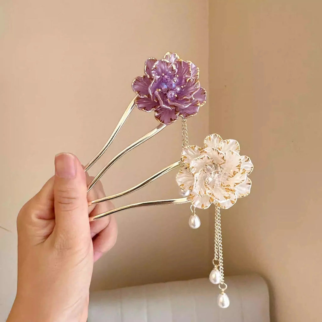 Purple and white alloy U-shaped hairpin with detailed peony flower and tassel decoration