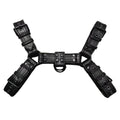 Black leather chest bondage strap with metal buckle for adult male costume use