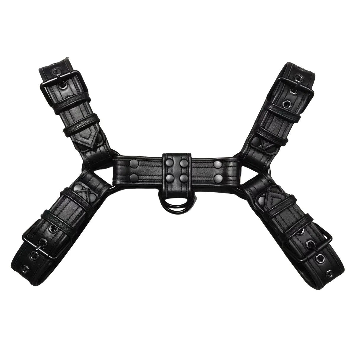 Black leather chest bondage strap with metal buckle for adult male costume use