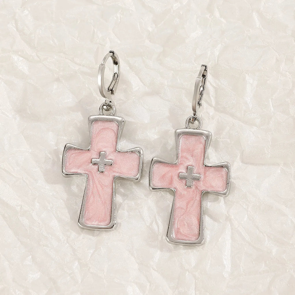 Women's classic alloy earrings with cross and heart motifs and dripping oil finish