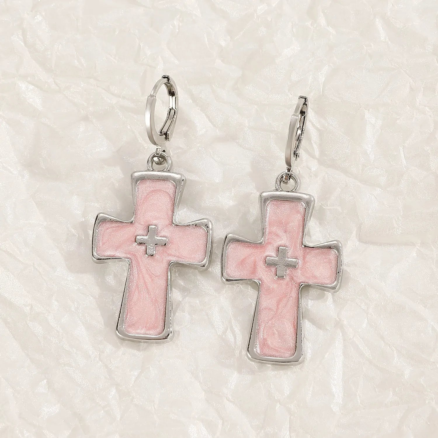 Women's classic alloy earrings with cross and heart motifs and dripping oil finish