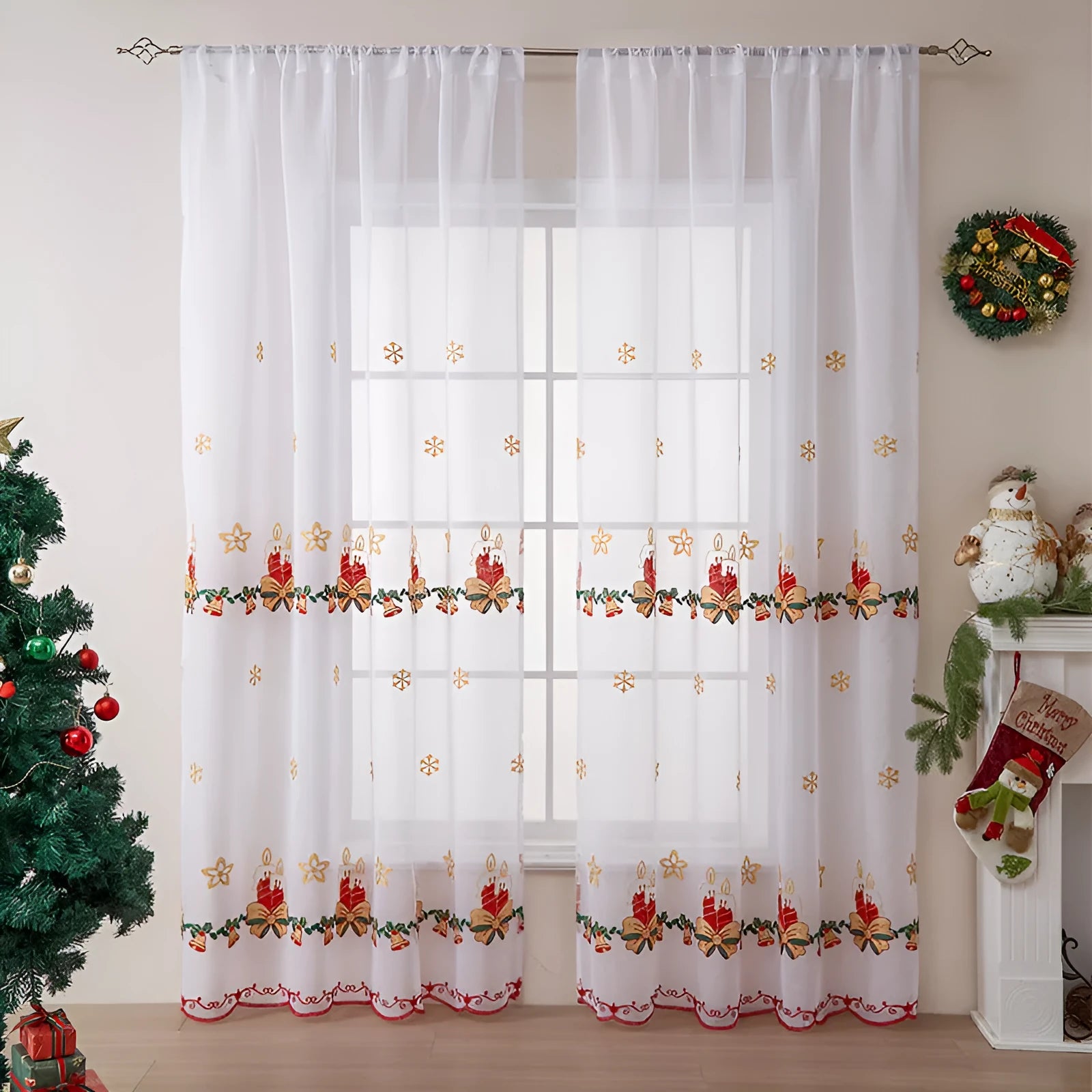 American Christmas curtains with embroidered snowflakes in semi-sunshade polyester fabric