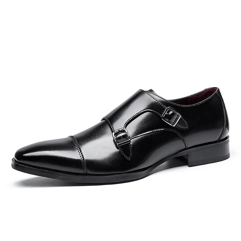 Men's black and light brown leather business shoes with square toe design and rubber soles