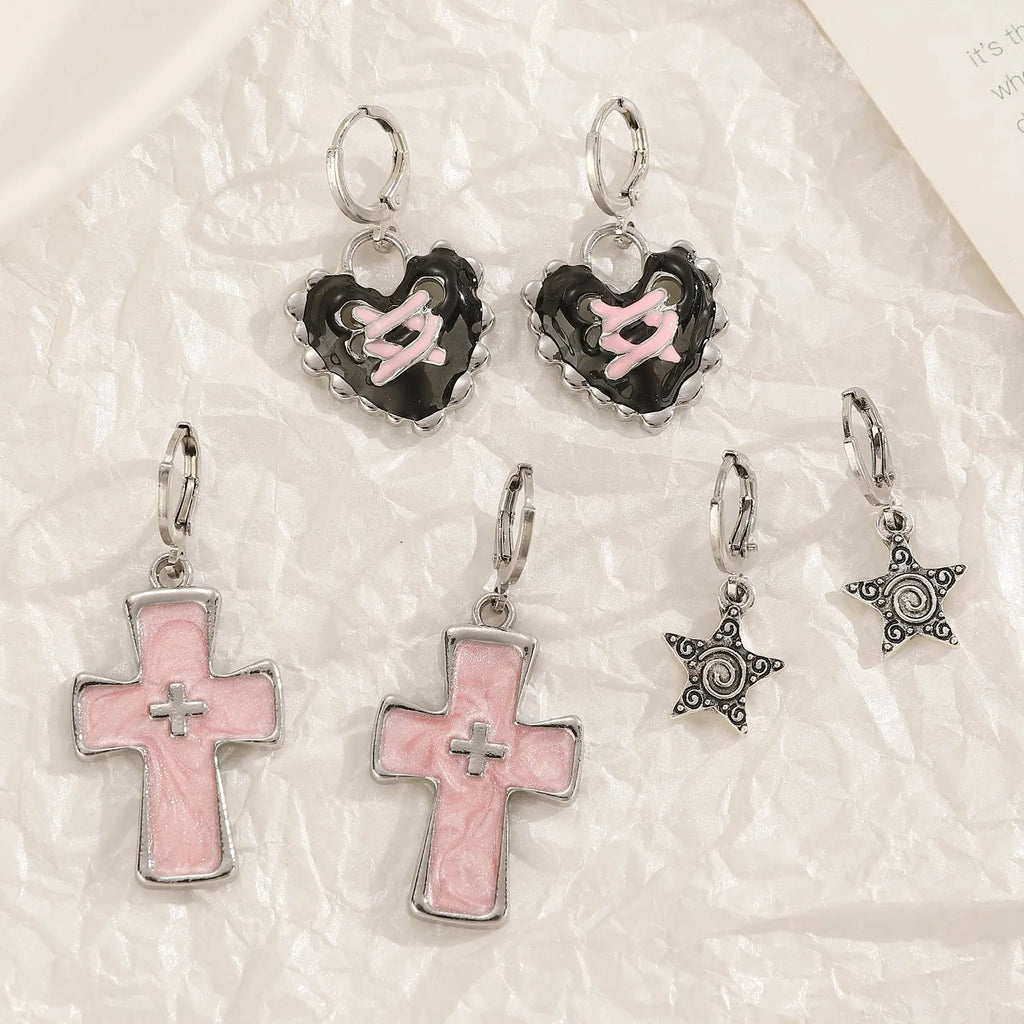 Women's classic alloy earrings with cross and heart motifs and dripping oil finish