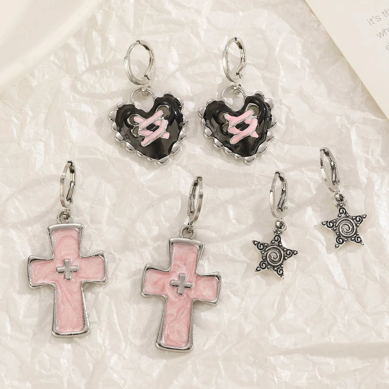 Women's classic alloy earrings with cross and heart motifs and dripping oil finish
