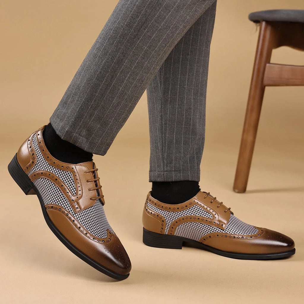 Men's houndstooth plaid casual shoes in black with a square toe and rubber sole.
