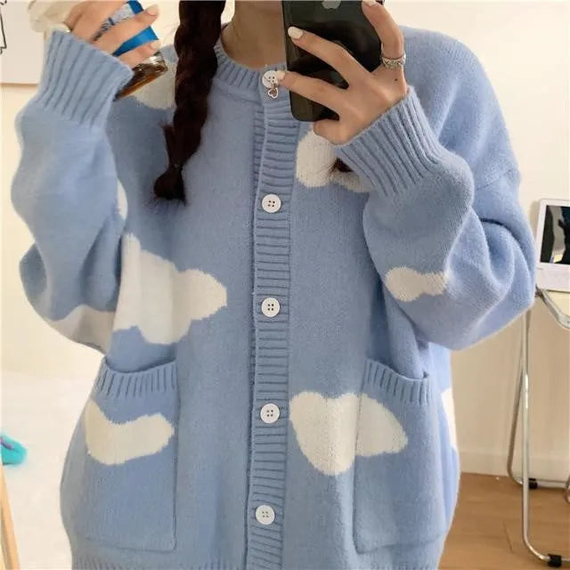 Blue cloud pattern women's spandex cardigan sweater coat, loose fit, shown open.