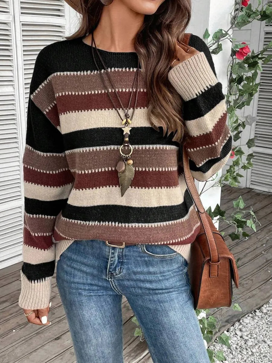 Women's colourblock striped long sleeve pullover sweater in black, blue, or grey.