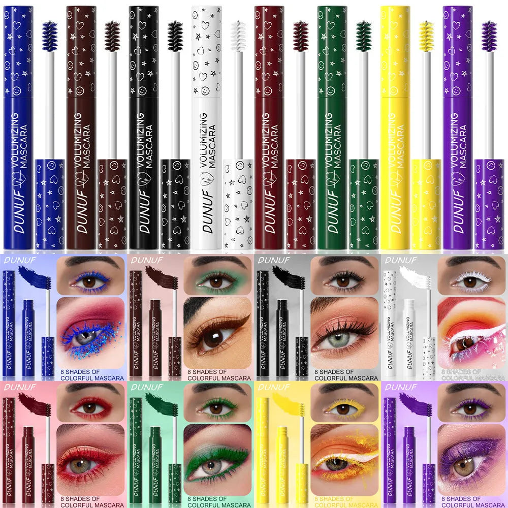 Thick long curling waterproof colour mascara in eight shades 01 to 08 for dense volumised lashes