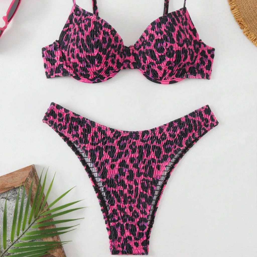 Leopard print backless bikini swimsuit for women in brown mixed colour