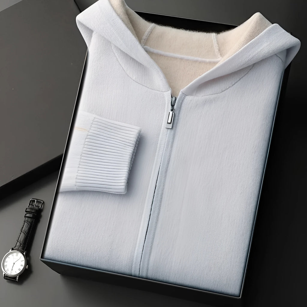 Men's dark blue cashmere half-high collar zipper cardigan sweater with long sleeves