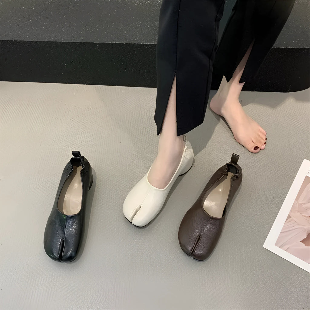 Women's split toe chunky heel pumps in black, apricot, or brown with round toe and rubber sole