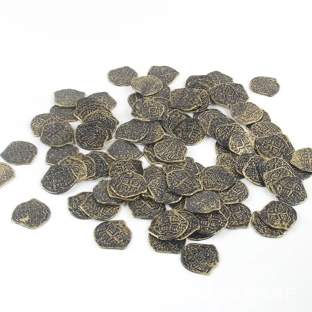 Set of 100 plastic Roman pirate coins with bronze, gold, or silver electroplated finish