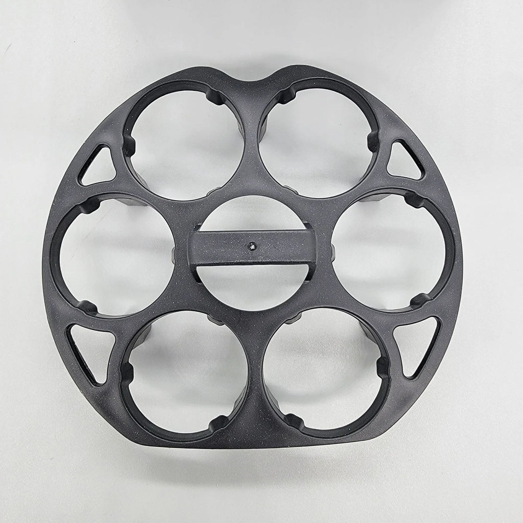 A black plastic egg holder rack for kitchen cooking machine storage, shown with dimensions.