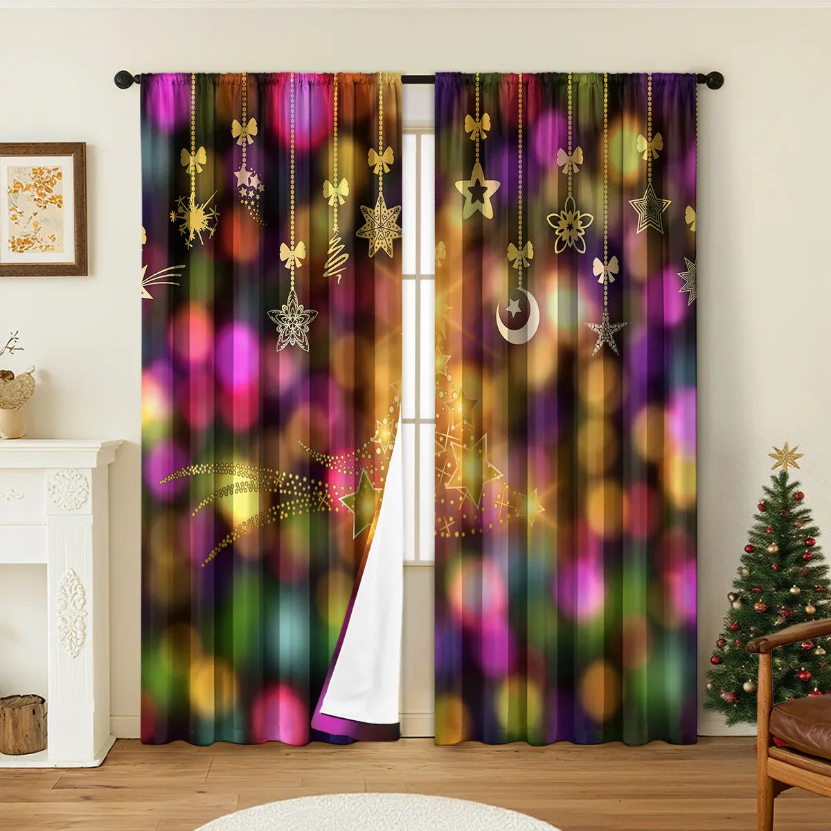 A pair of 3D digitally printed Christmas curtains with a festive European pattern hung on a window.