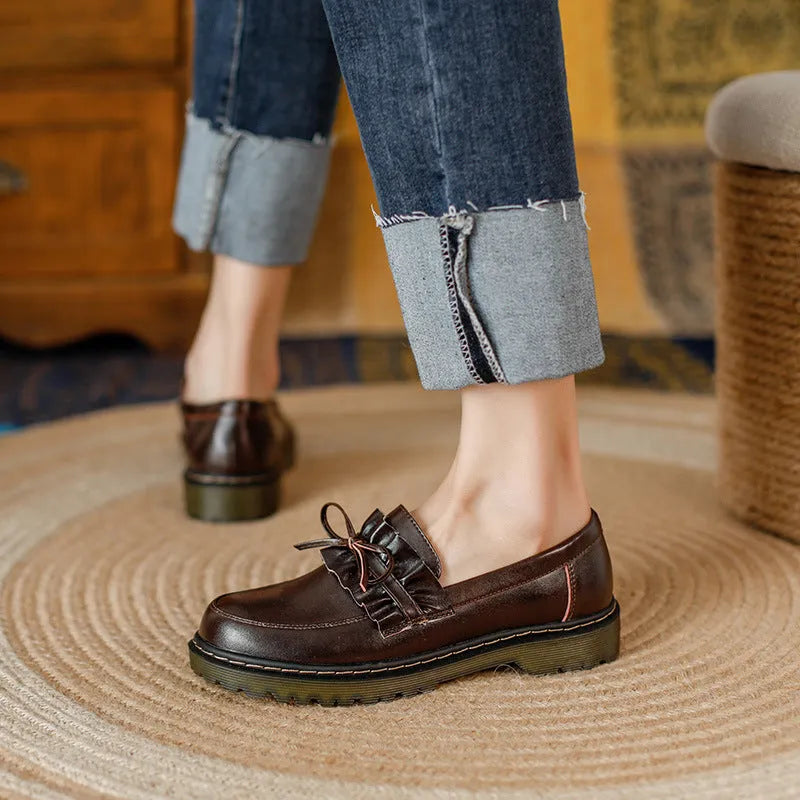 British style women's leather shoes with round toe and chunky flat heel in black or brown