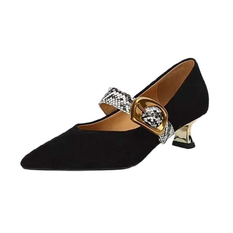 Black French pointed toe women's stiletto heels with an ankle buckle on a low-cut design.