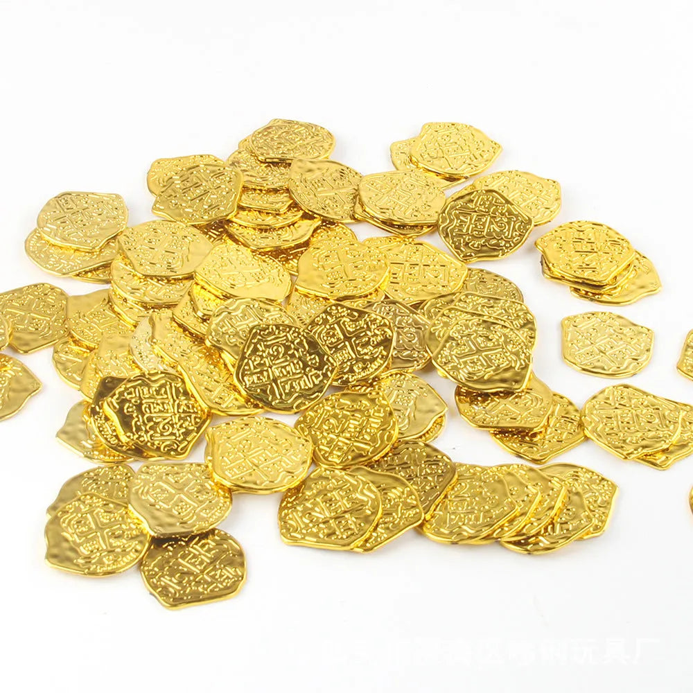 Set of 100 plastic Roman pirate coins with bronze, gold, or silver electroplated finish